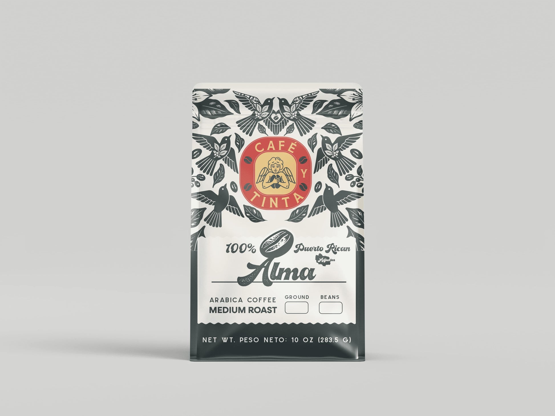 Empaque de Café Alma de Puerto Rico, mezcla artesanal con aroma suave y notas dulces.
