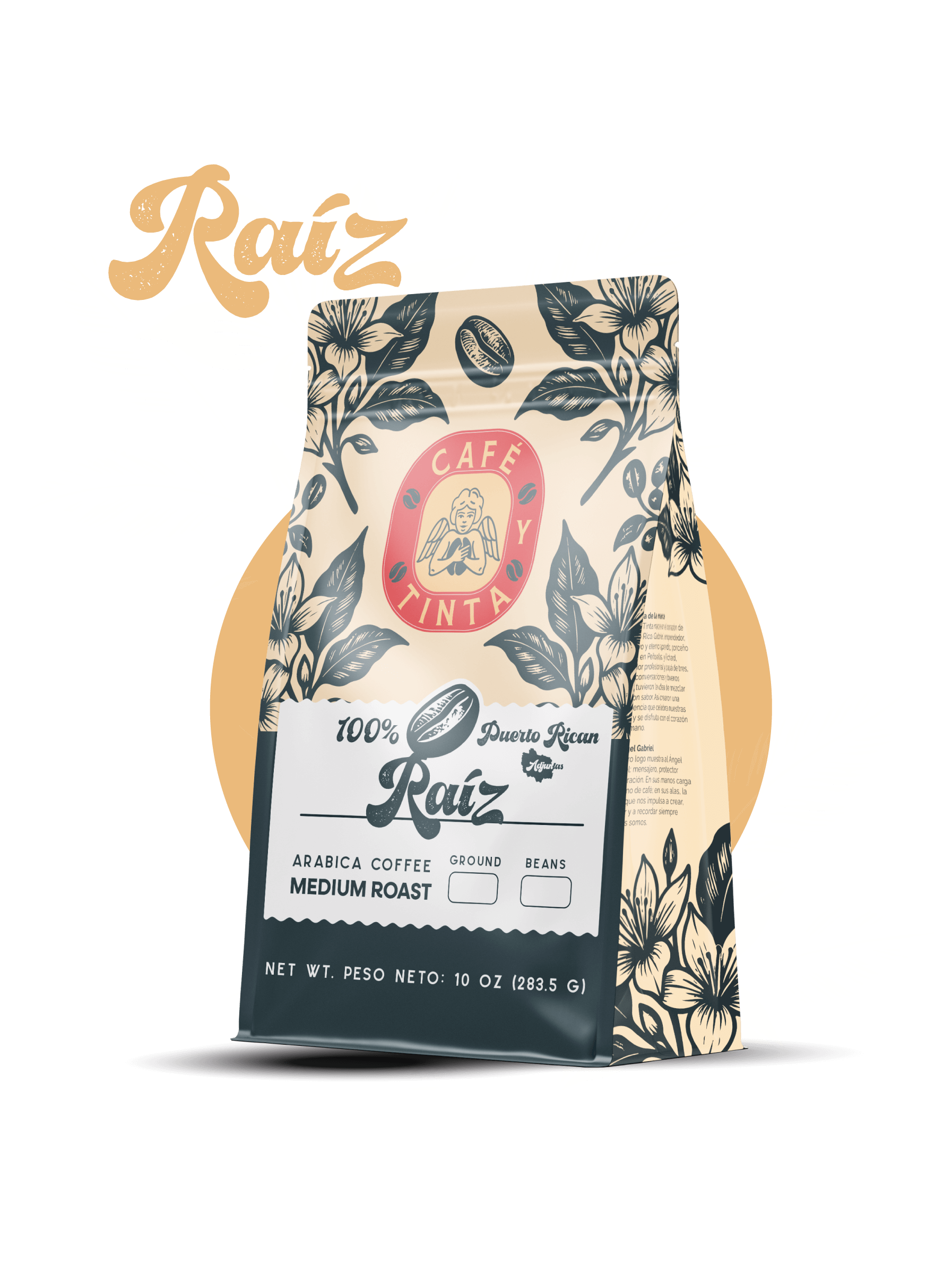 lustración del Café Raíz de Cafeytinta, que representa la conexión con la tierra, la intensidad del tueste y las raíces boricuas.